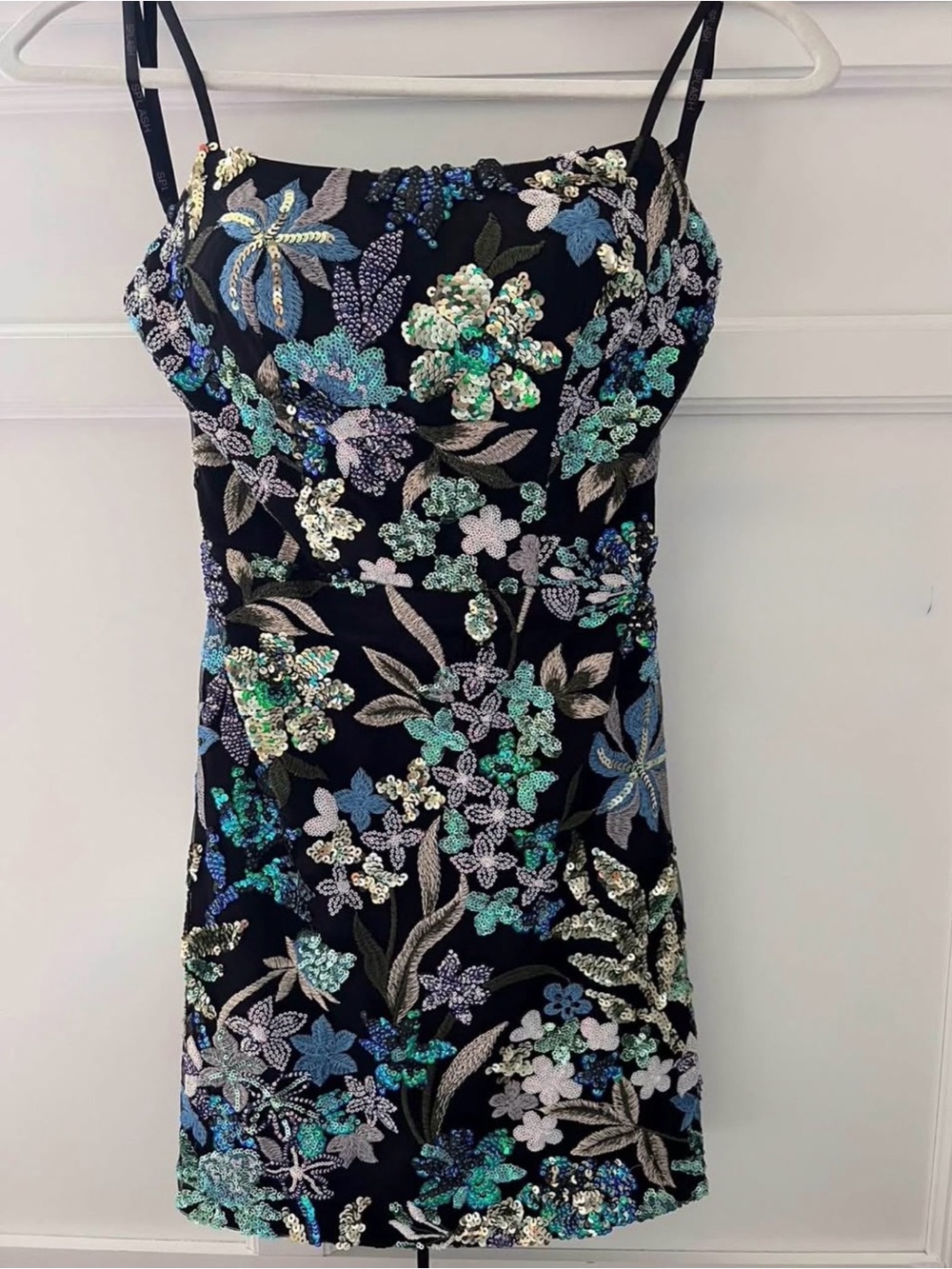 Black Floral Sequin Mini Dress with Blue & Green Accents